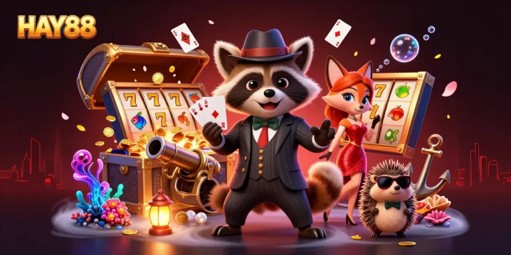 Experience high-stakes gaming with HAY88 characters in a vibrant casino scene.