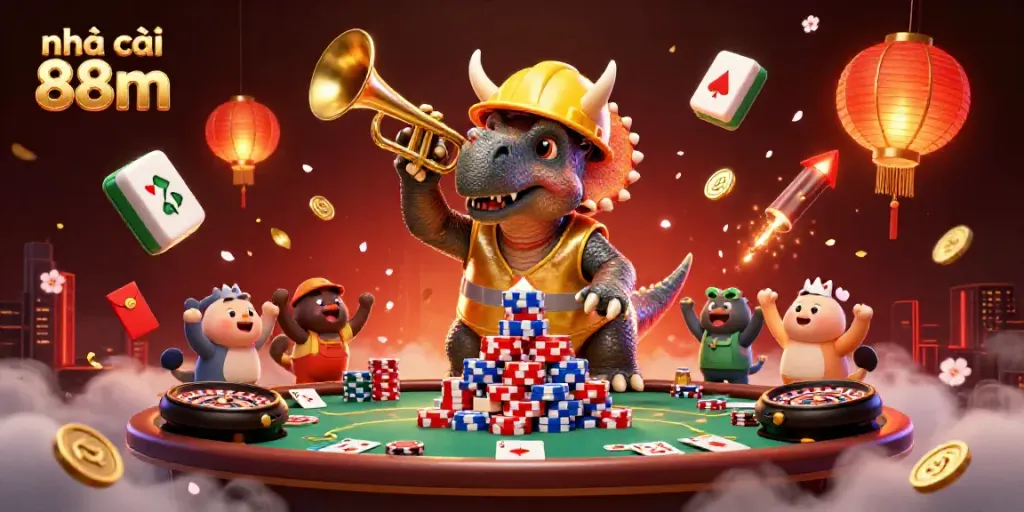 nhà cái 88m features a joyful scene with a triceratops and friends celebrating casino gaming