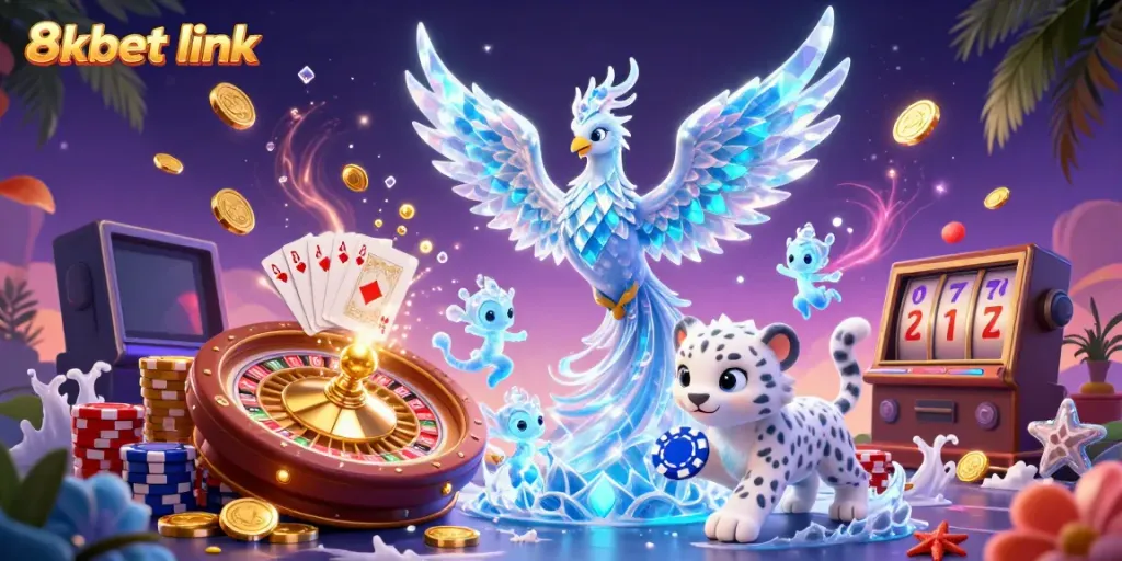 Win big at the 8xbet link with vibrant characters and casino-themed elements.