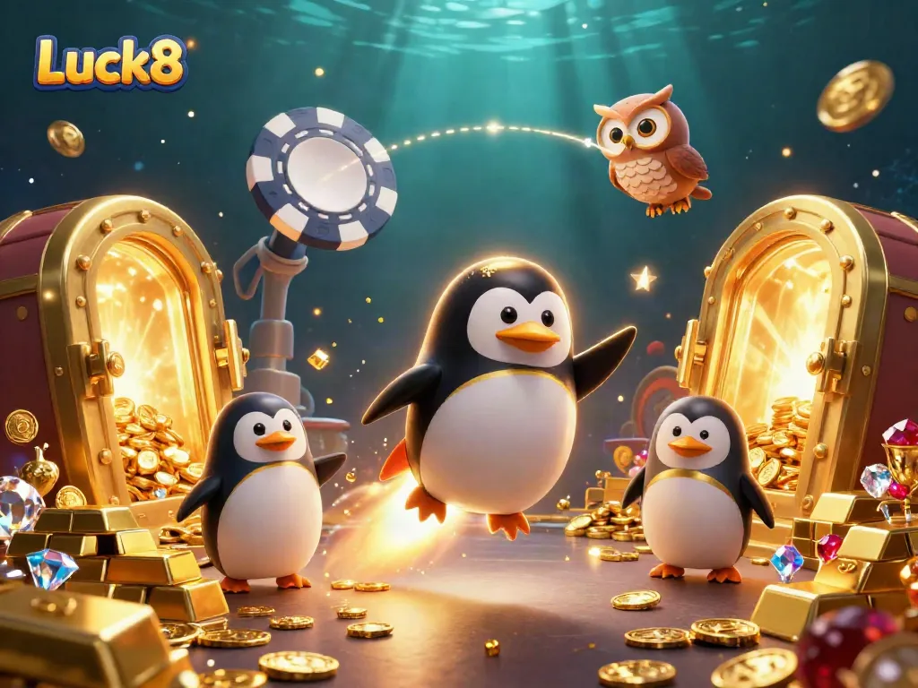 Experience Luck8's thrilling journey with a golden penguin and dazzling treasures in this vibrant casino cosmos.
