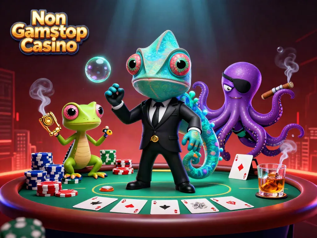 Engage with the thrilling Non Gamstop Casino scene featuring a colorful poker table and unique 3D characters.