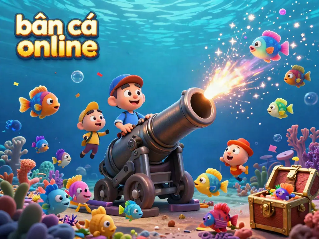 Shoot fish online in a vibrant underwater scene filled with colorful sea creatures and game elements, capturing the excitement of bắn cá online.
