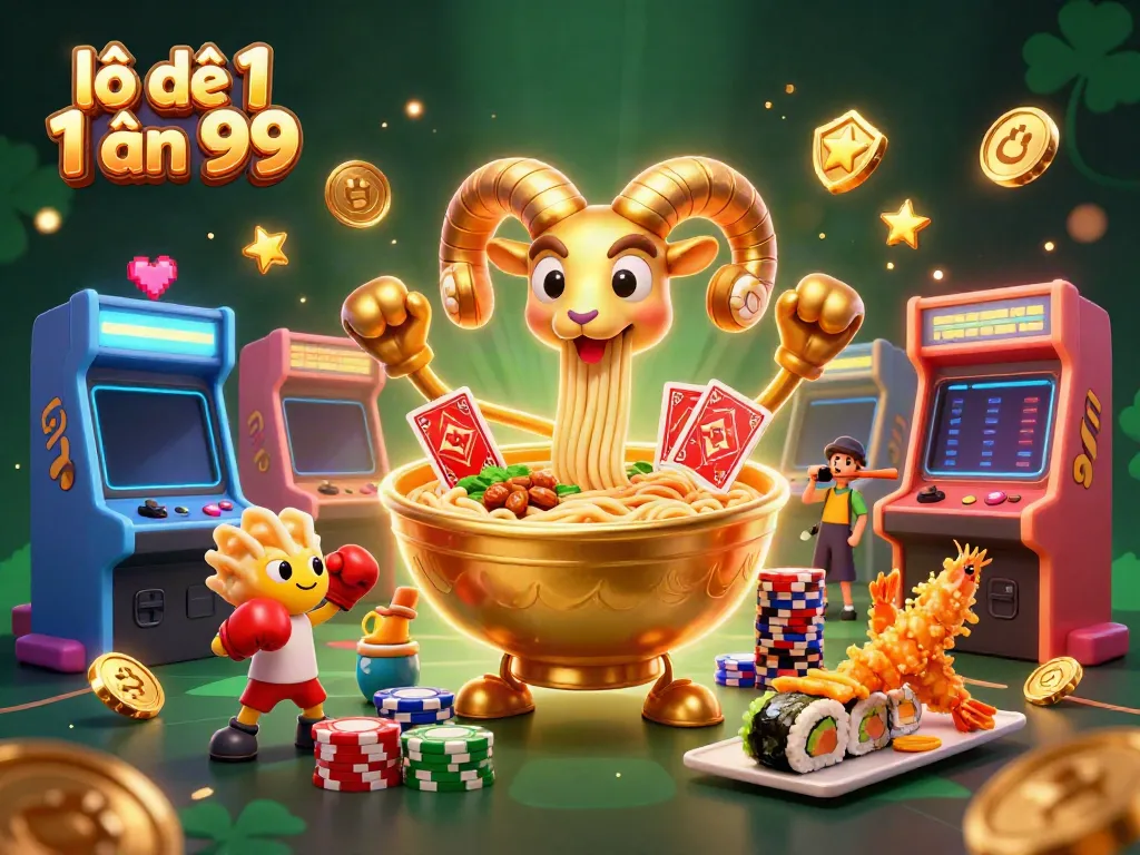 Engaging lô đề 1 ăn 99 illustration with animated golden ramen bowl dealer, gyoza sidekick, and casino elements.