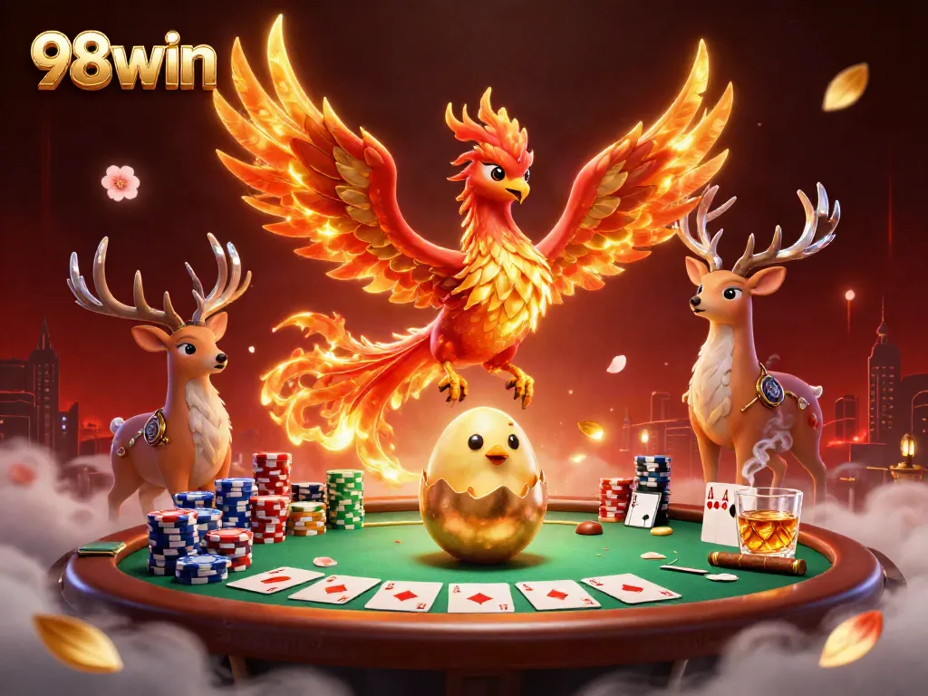 Join the thrill of 98win with a vibrant 3D illustration showcasing poker action among mythical creatures.