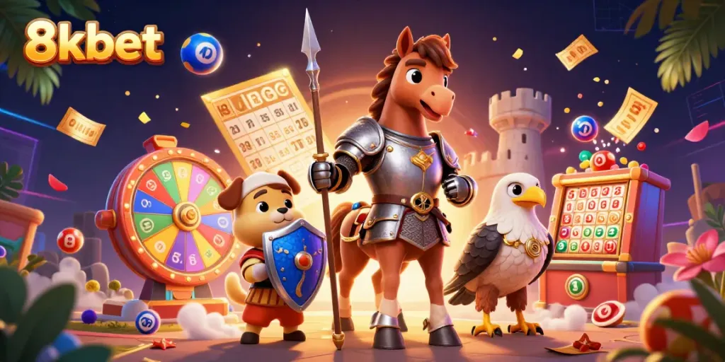 Join the excitement of 8kbet with a lively scene featuring casino games and vibrant elements.