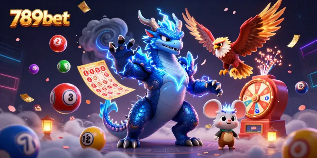 Experience thrilling gaming with 789bet's dynamic scene showcasing vibrant lottery elements and a thunder dragon.