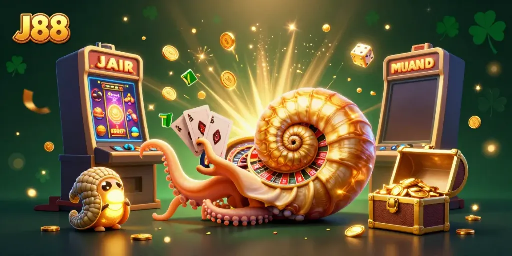 Experience thrilling gameplay with J88 in this vibrant casino scene featuring a giant nautilus as a roulette wheel.
