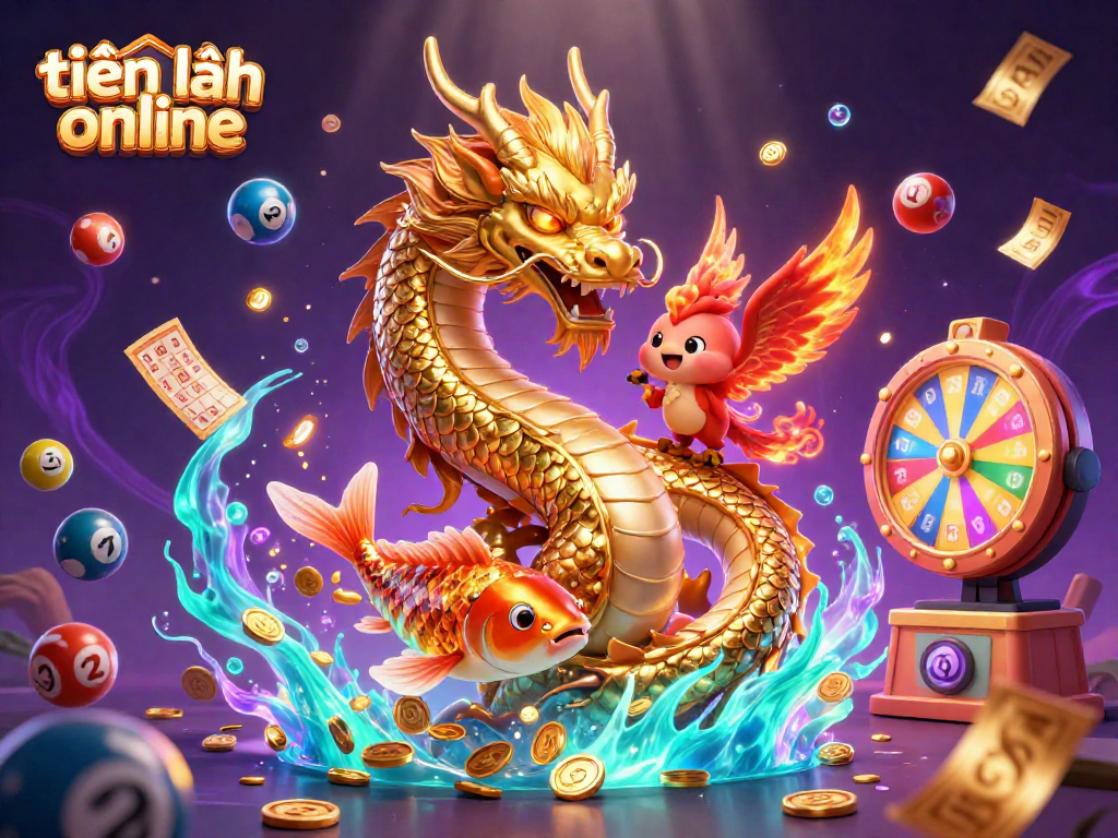 Engage in the dynamic world of tiến lên online with a vivid scene of a dragon, phoenix, and koi amidst gambling elements.