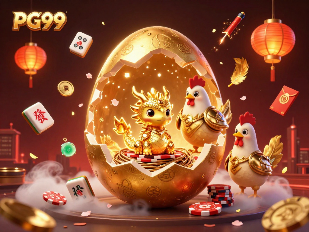 Experience the thrill of PG99 with a golden dragon revealing poker chips, surrounded by festive elements.