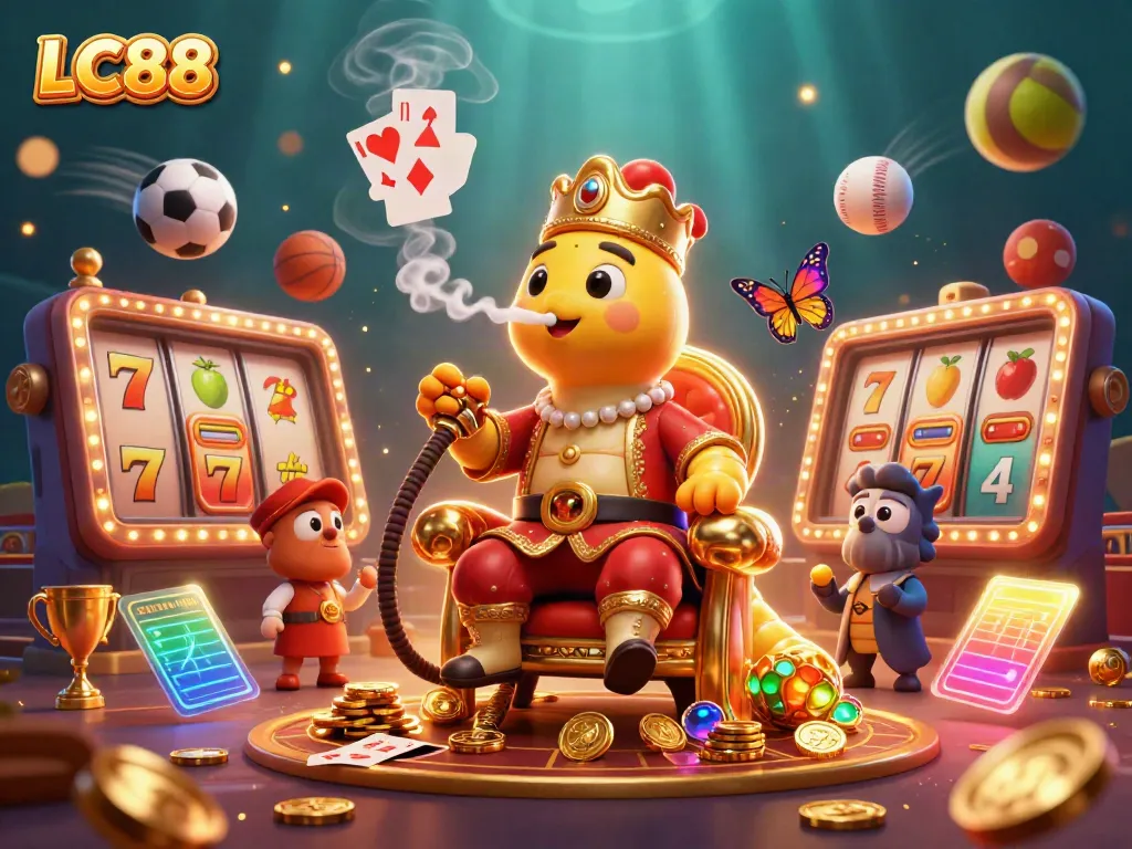 LC88 casino scene showcasing a magical caterpillar hookah-master surrounded by slot reels and golden coins.