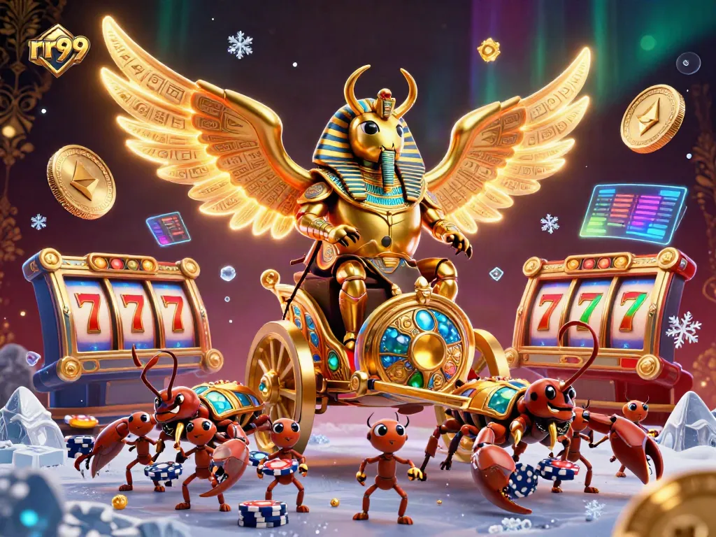 Engage with an enchanting rr99 casino experience featuring a golden scarab beetle amid dazzling slot machines.