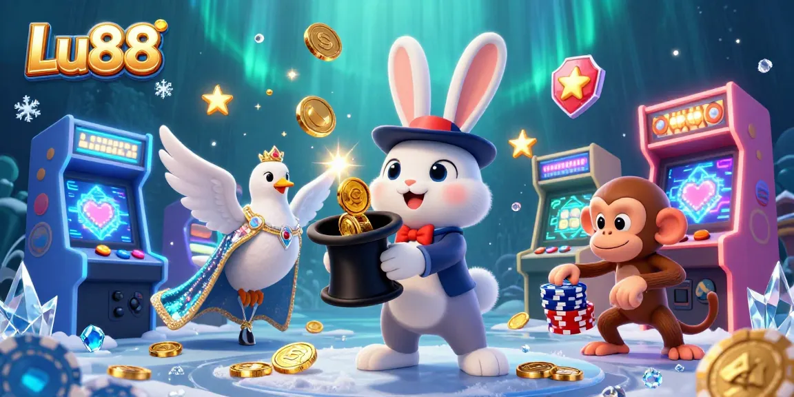 Experience big wins at Lu88 with a captivating magician rabbit pulling coins amidst colorful casino games.