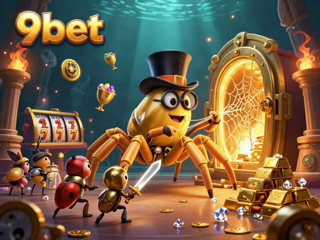 Engage in thrilling gameplay with 9bet, featuring golden tarantulas amidst casino treasures.