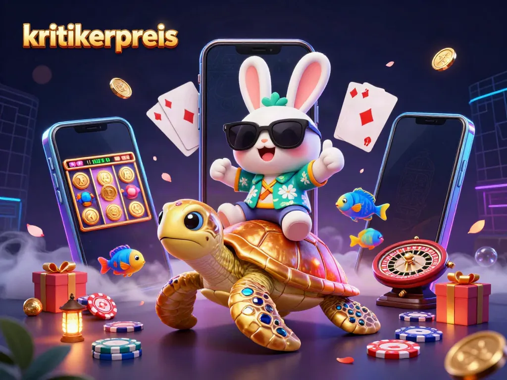 Spin to win with kritikerpreis, a charming rabbit and golden turtle amidst a vibrant casino scene!