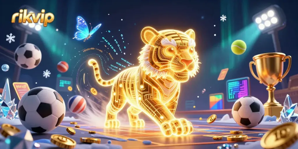 Experience the excitement of rikvip with a neon tiger in a digital casino landscape filled with vivid gaming elements.