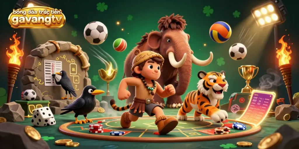Bóng đá trực tuyến gavangtv featuring a lively prehistoric casino scene with sports balls and vibrant characters.