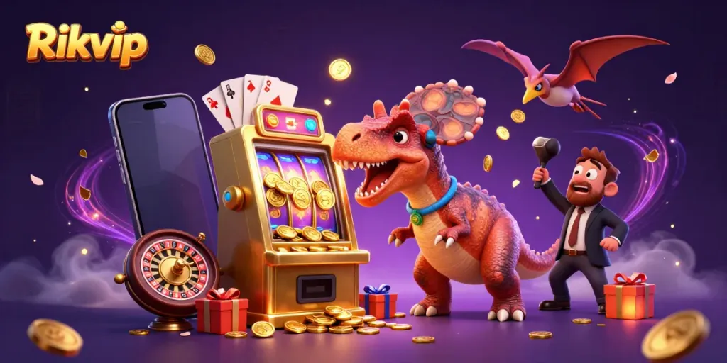 Rikvip slots scene with cartoon dinosaurs engaging in a jackpot win and flying coins.