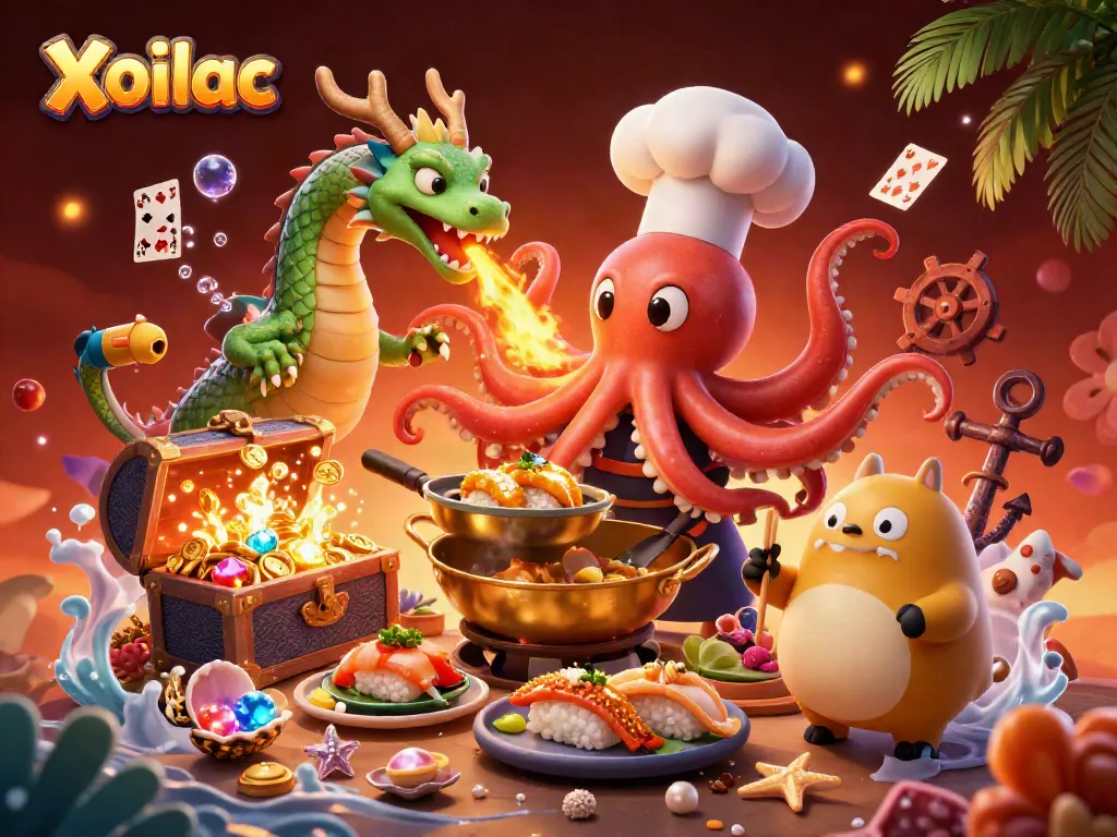 Xoilac showcases a vibrant sushi chef octopus cooking golden dishes amidst underwater treasures.