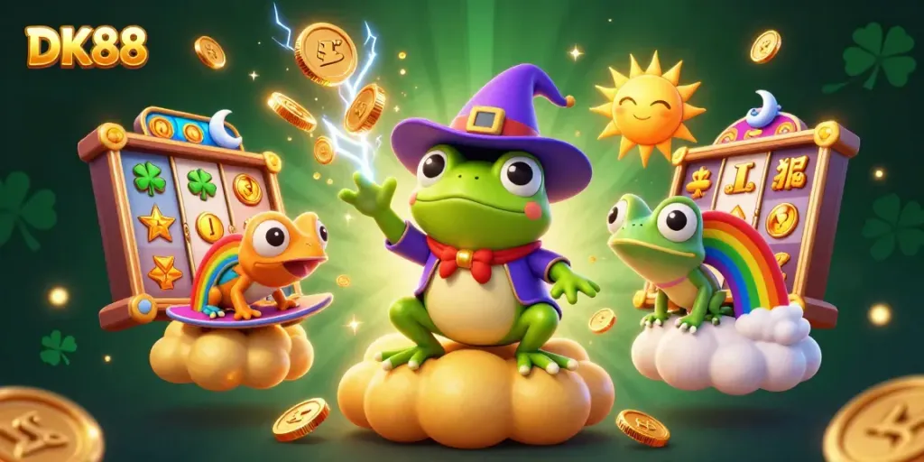 Experience the excitement of DK88 with a vibrant 3D illustration featuring magical themes and casino elements.