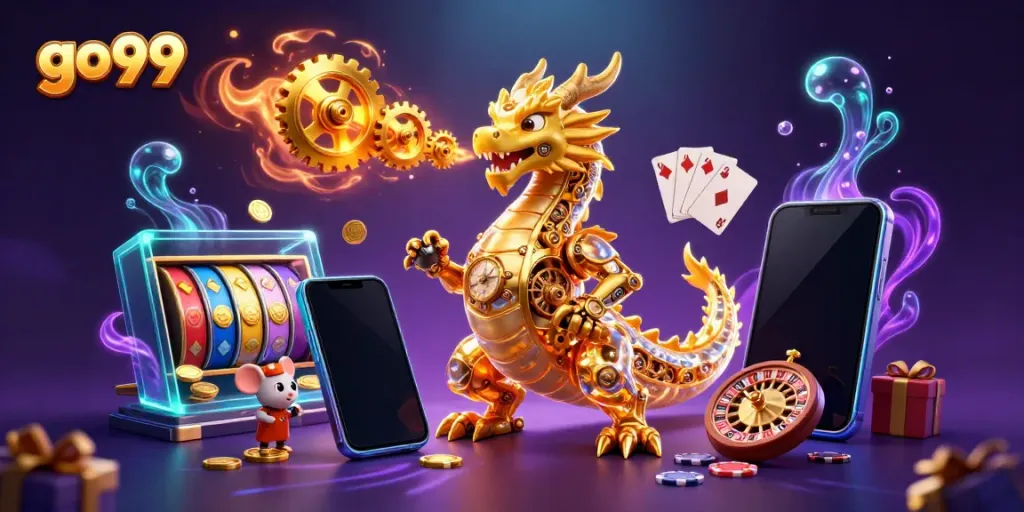 Join the go99 adventure with a golden dragon breathing gears in a colorful casino scene.