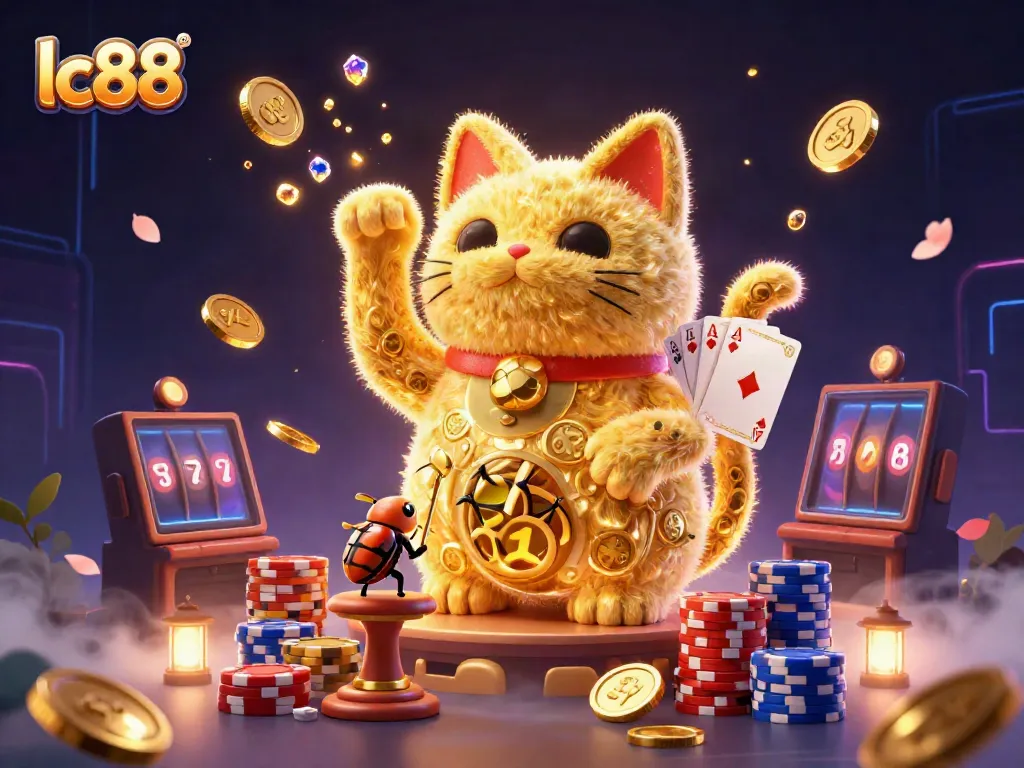 Experience festive excitement with lc88, where dynamic golden fireflies and casino symbols create a vibrant gaming atmosphere.