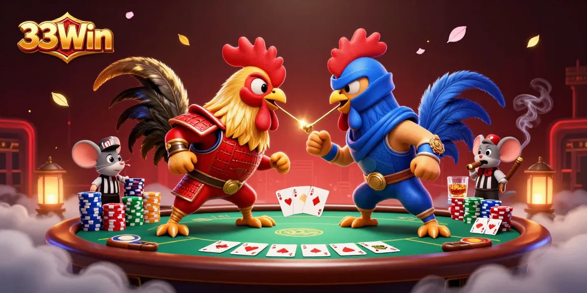 33Win showcases twin fighting roosters in a poker showdown with dynamic elements and vibrant colors.