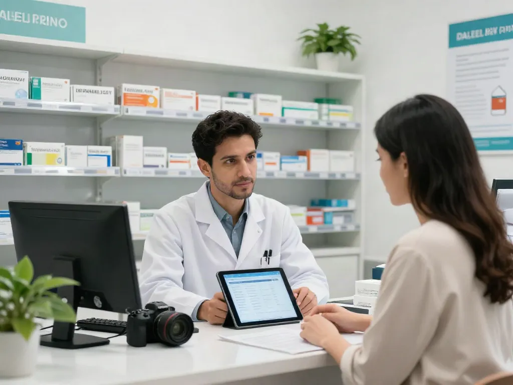 Pharmacist assisting client while referencing HAAD exam medications in a modern pharmacy.