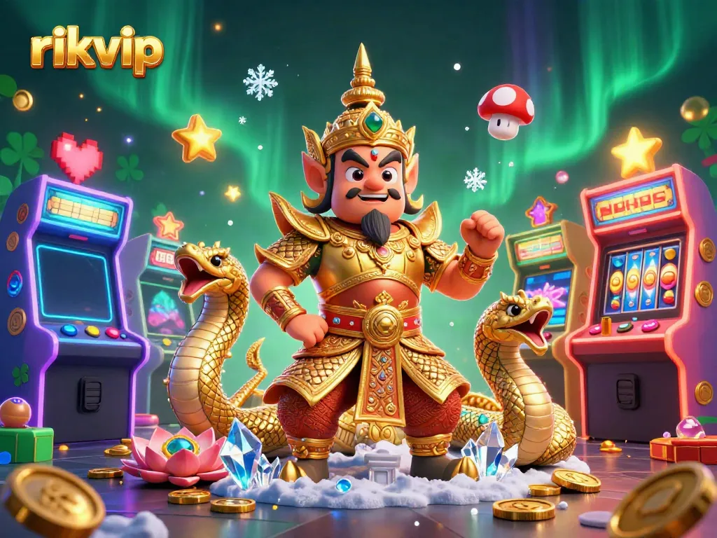 Engage with the vibrant rikvip gaming universe featuring a Thai guardian, Naga serpents, and dynamic arcade elements.