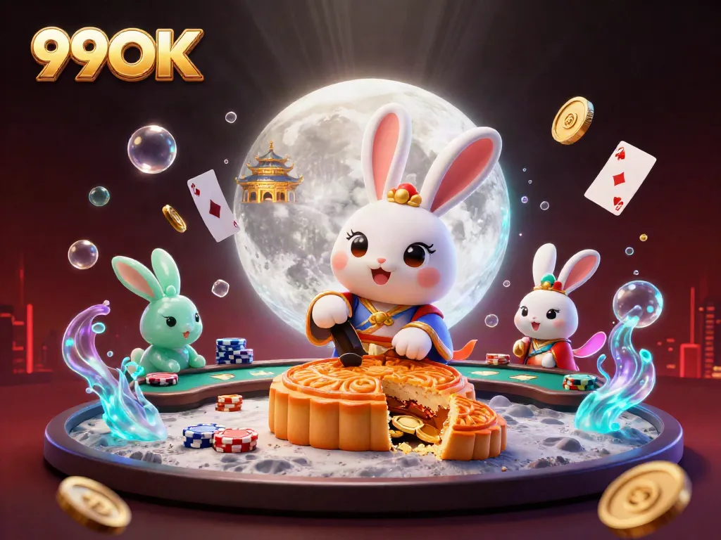 Experience the thrill of 99OK with a vibrant casino scene featuring a moon rabbit and poker elements.