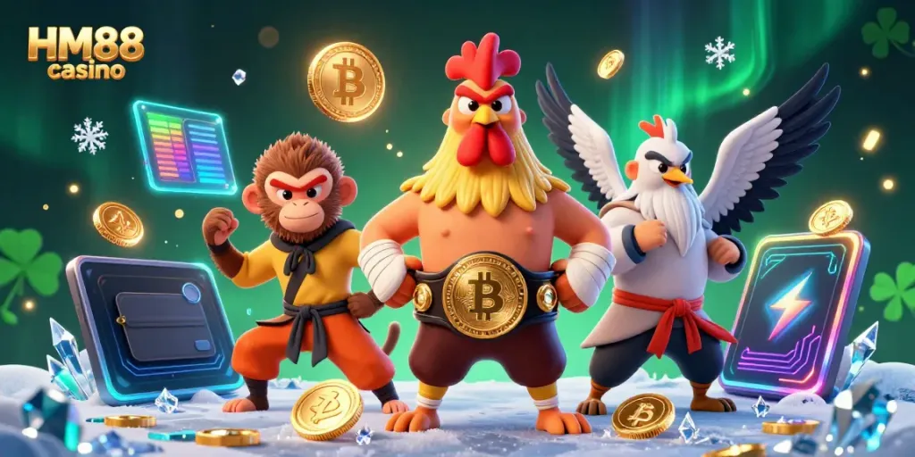 Experience the thrill of HM88 casino with a dynamic 3D illustration featuring iconic characters and symbols.