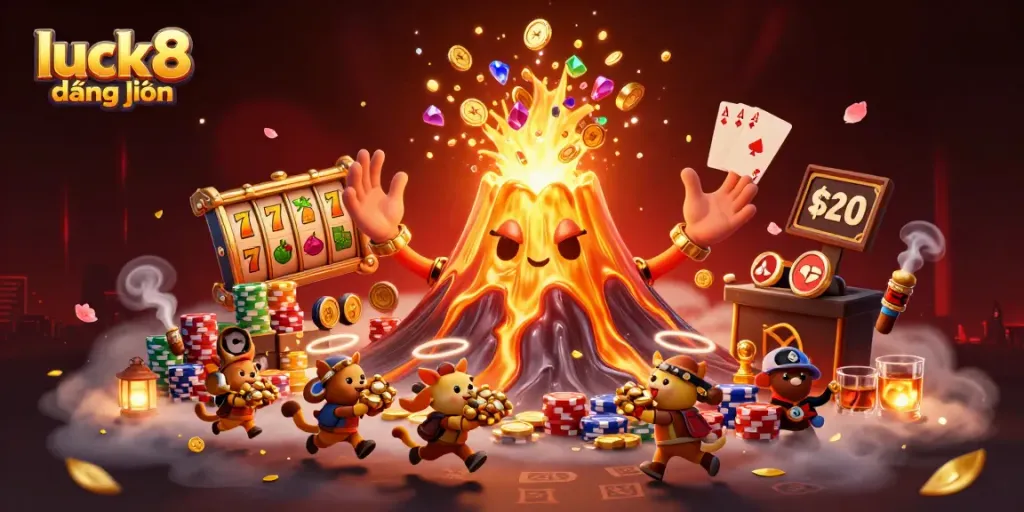 Engage with luck8 đăng nhập to win big as a golden volcano erupts with treasures and slot elements.
