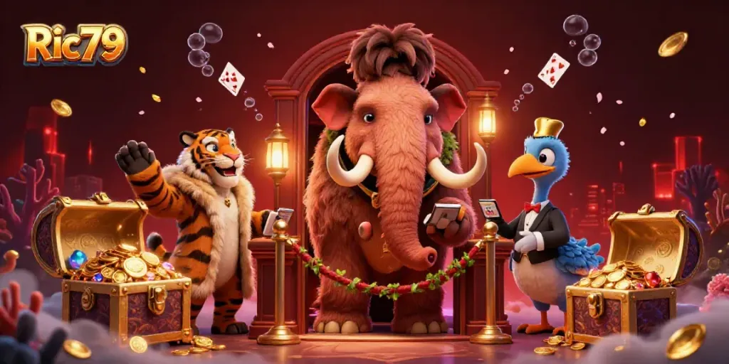 Experience the vibrant casino scene with Ric79 where a mammoth bouncer checks IDs, surrounded by gold treasures.