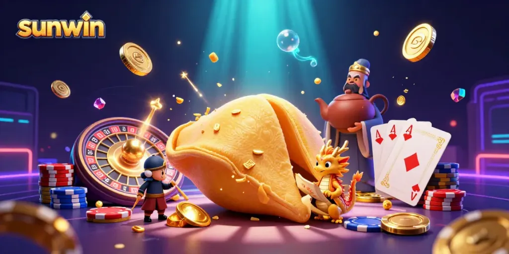 Experience thrilling action with sunwin's vibrant casino elements, featuring golden fortune cookies, dynamic coins, and classic games.
