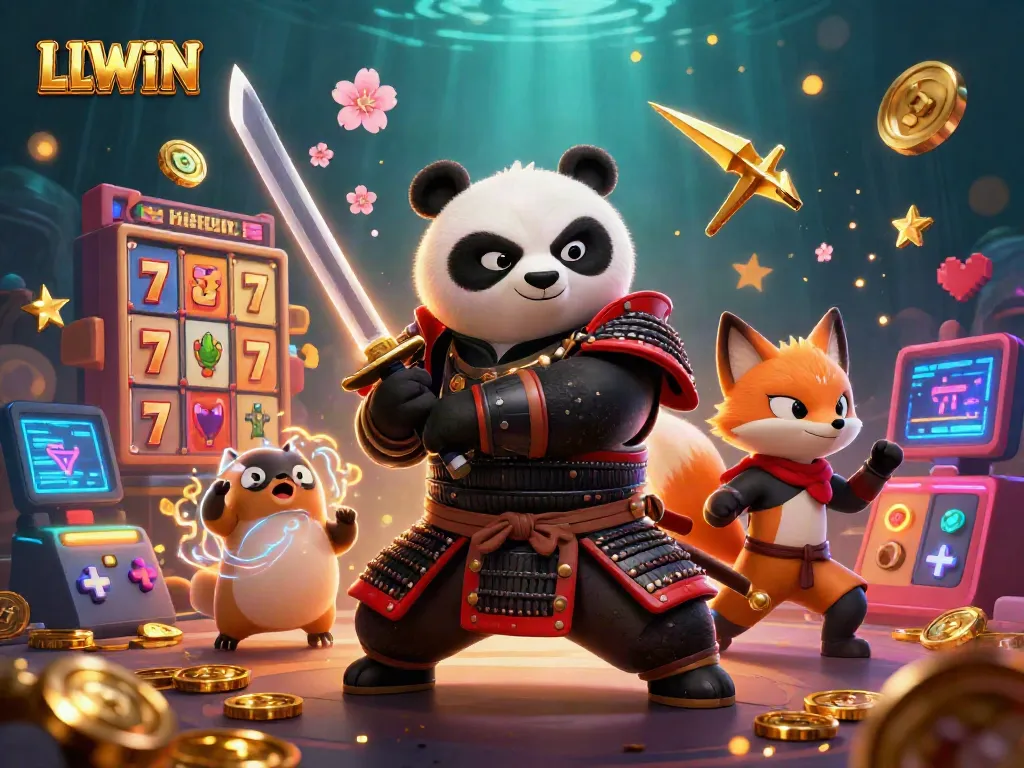 Engage with LLWIN’s dynamic gaming scene featuring samurai panda and ninja fox amidst colorful casino elements.