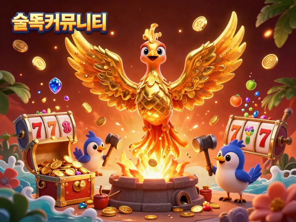 Experience vibrant slot community excitement with a phoenix emerging from a molten forge surrounded by jackpot slots.