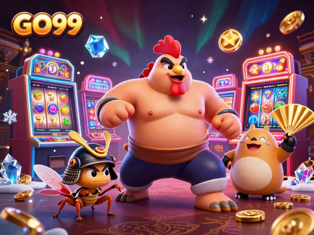 Experience the excitement of GO99 with a powerful rooster sumo wrestler alongside casino elements.