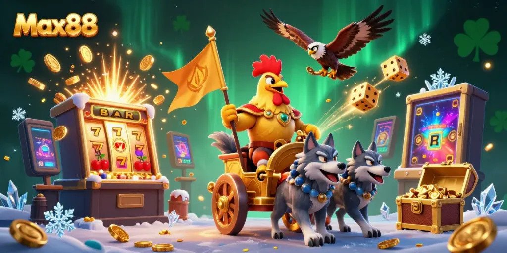 Experience Max88's thrilling jackpot with a 3D rooster warlord, gold coins, and vibrant casino elements.