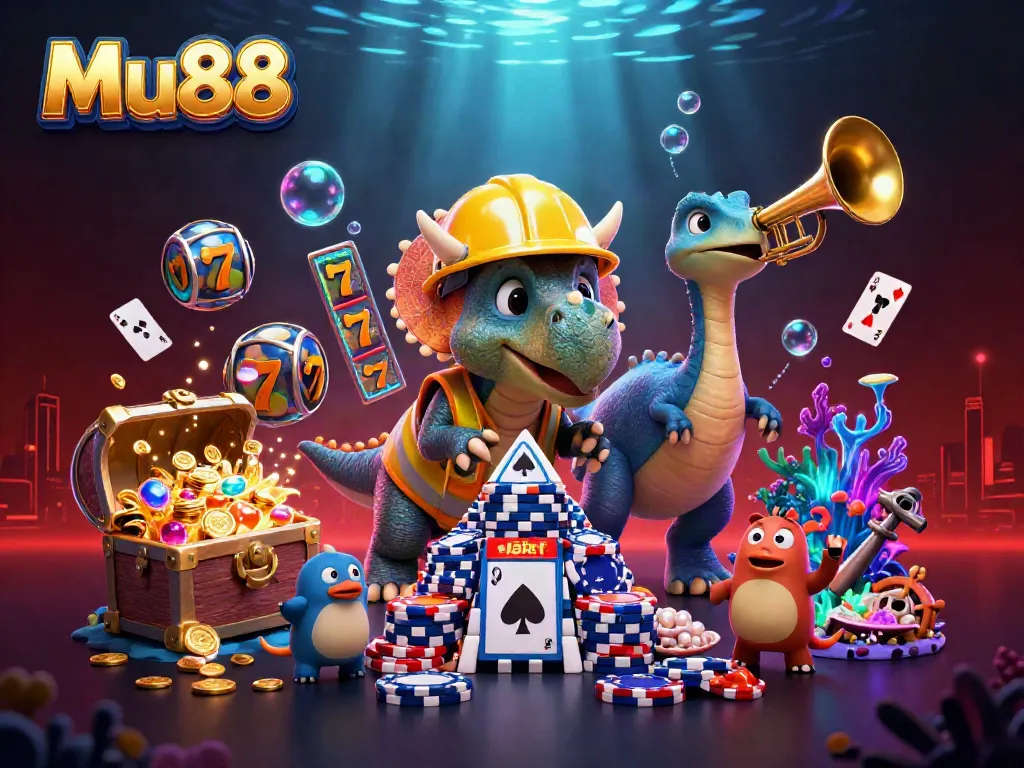 Engage with Mu88's gaming universe featuring vibrant scenes of cartoon dinosaurs building poker chip towers amidst underwater treasures.