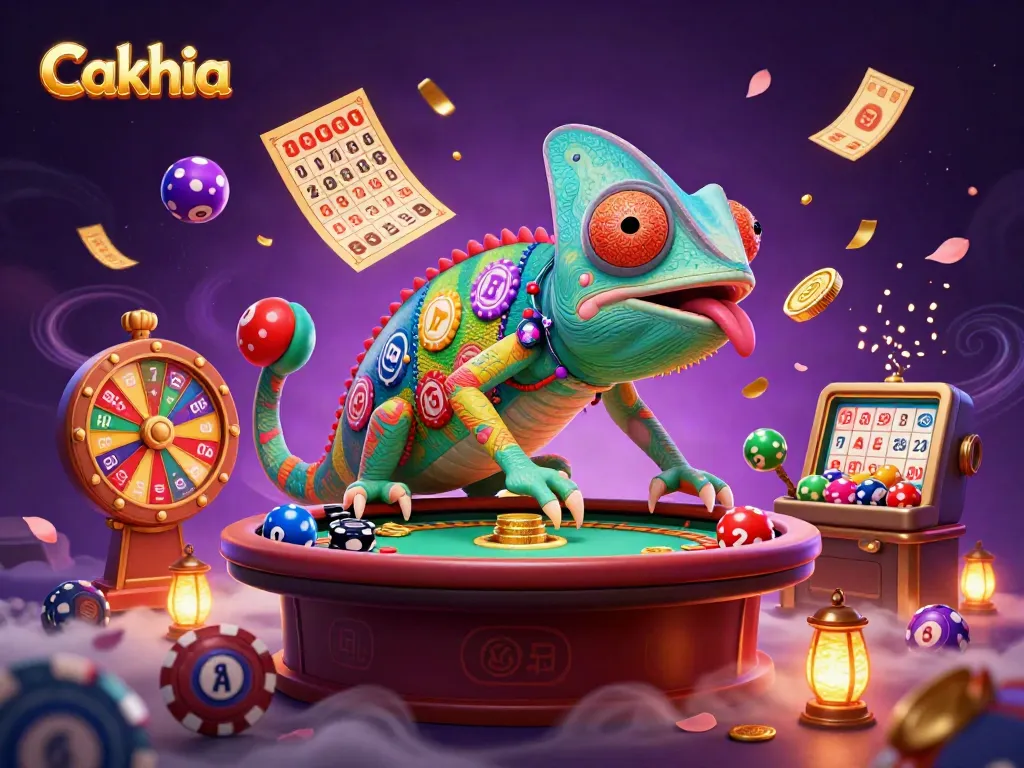 Experience Cakhia's vibrant casino atmosphere with a colorful chameleon owner and lively game elements.