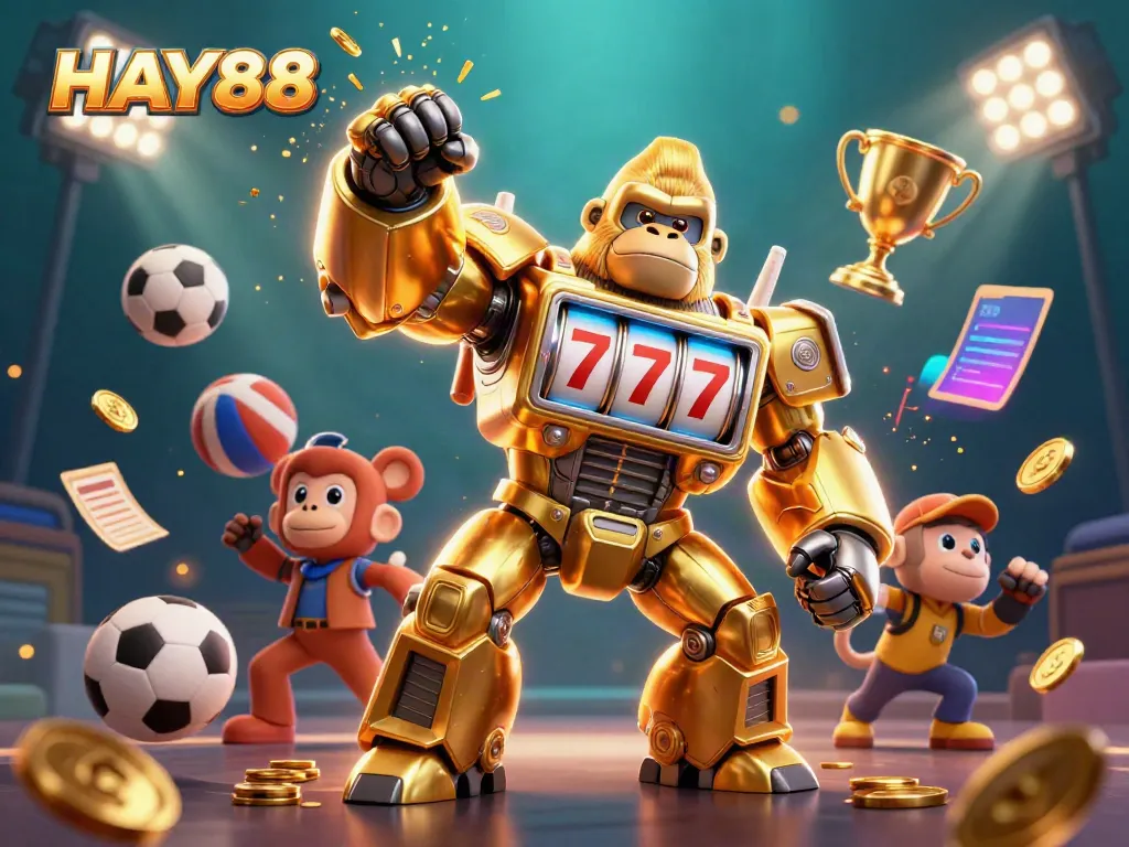 Experience HAY88 with a dynamic 3D gaming illustration featuring a golden gorilla mech and sports elements.