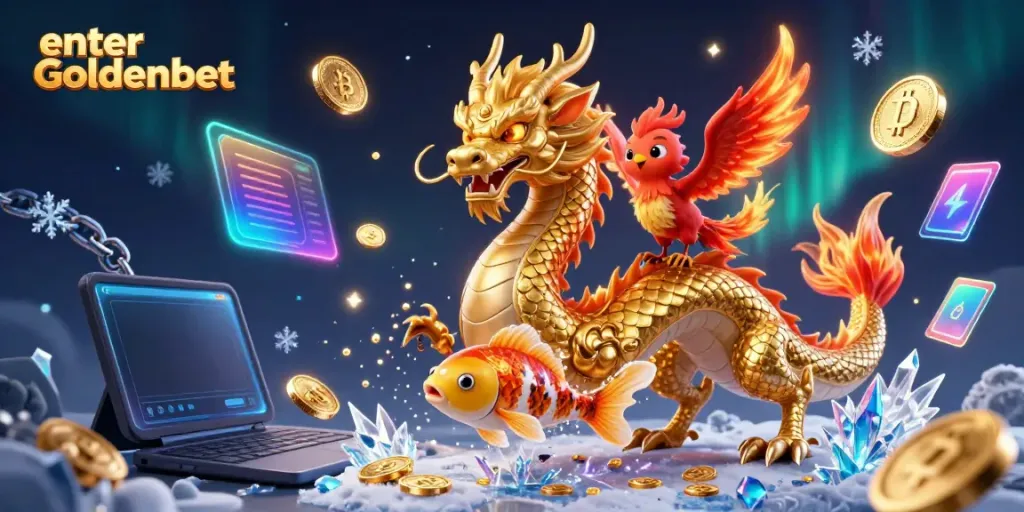 Enter Goldenbet with a dynamic 3D illustration featuring a golden dragon, phoenix, and coins.