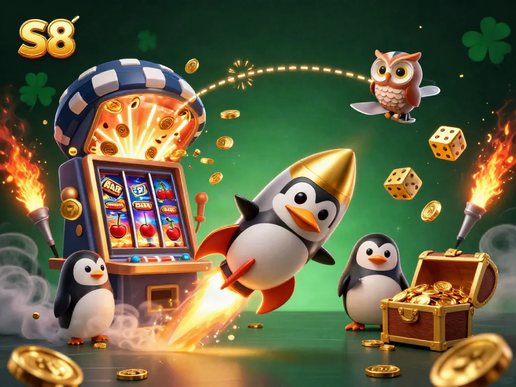 Engage with S8's vibrant 3D casino scene illustrating a golden penguin and dynamic gaming elements.