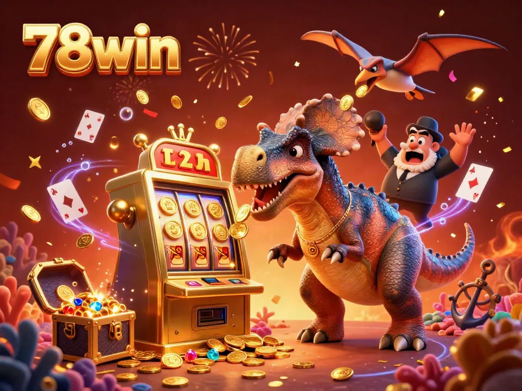 Experience the excitement at 78win with vibrant characters and a jackpot slot machine scene.