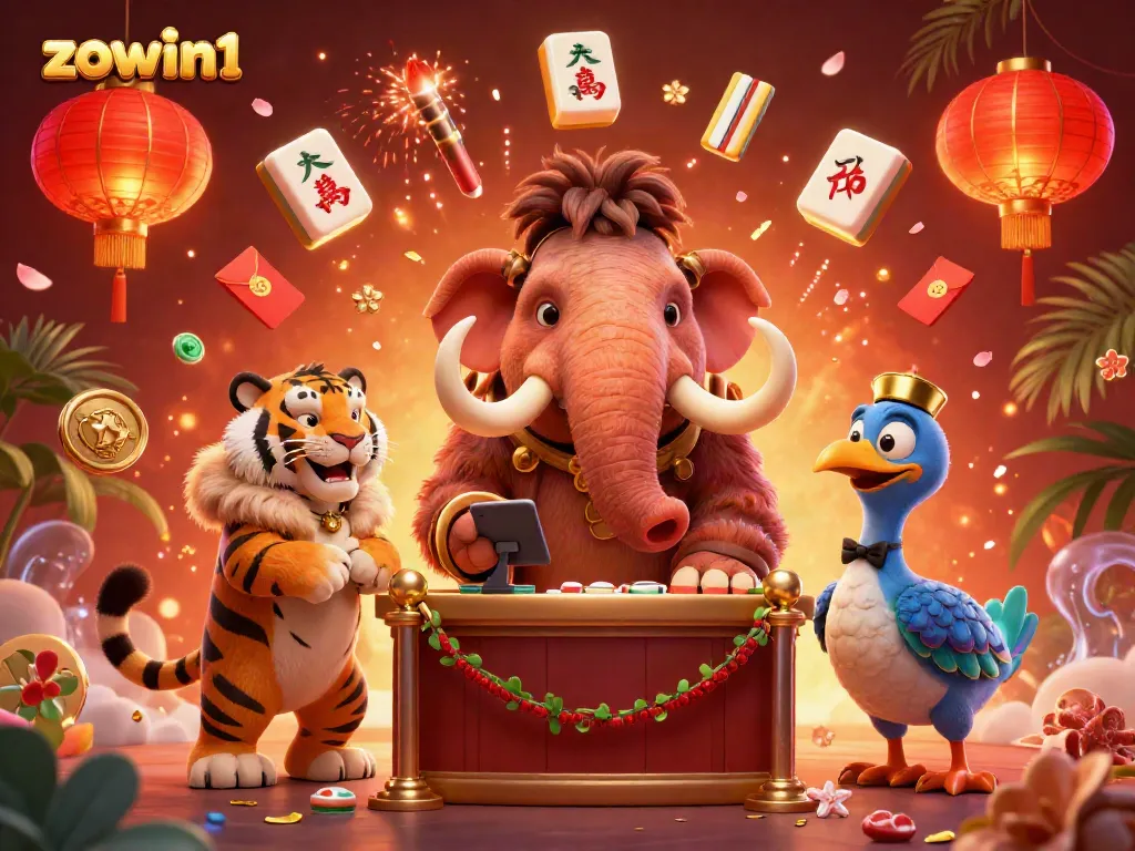 Check IDs at the door with the vibrant atmosphere of zowin1, featuring a woolly mammoth casino bouncer, saber-tooth tiger guest, and festive decorations.