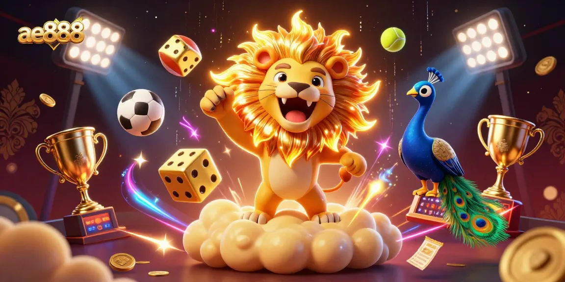 Bet on ae888 with dynamic 3D illustration featuring roaring sun lion and flying sports balls.