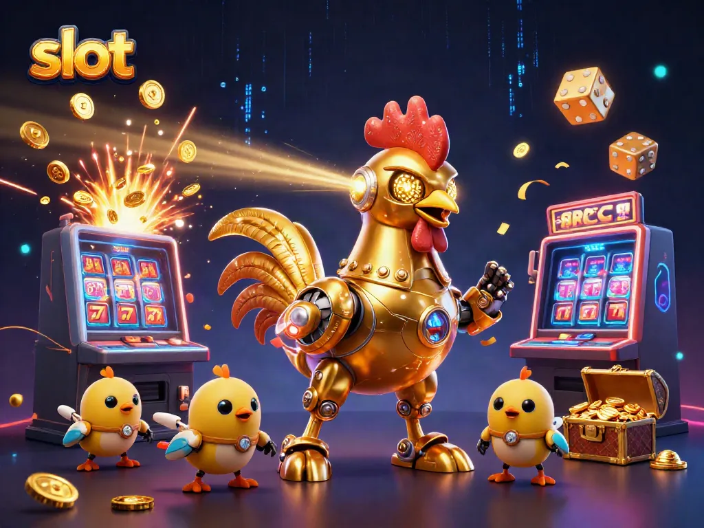 Exciting slot gameplay with a golden rooster robot and baby chick drones amid vibrant casino visuals.