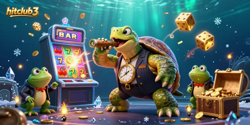 Experience the thrill of gaming at hitclubt3 with a lively casino illustration featuring colorful characters and elements.