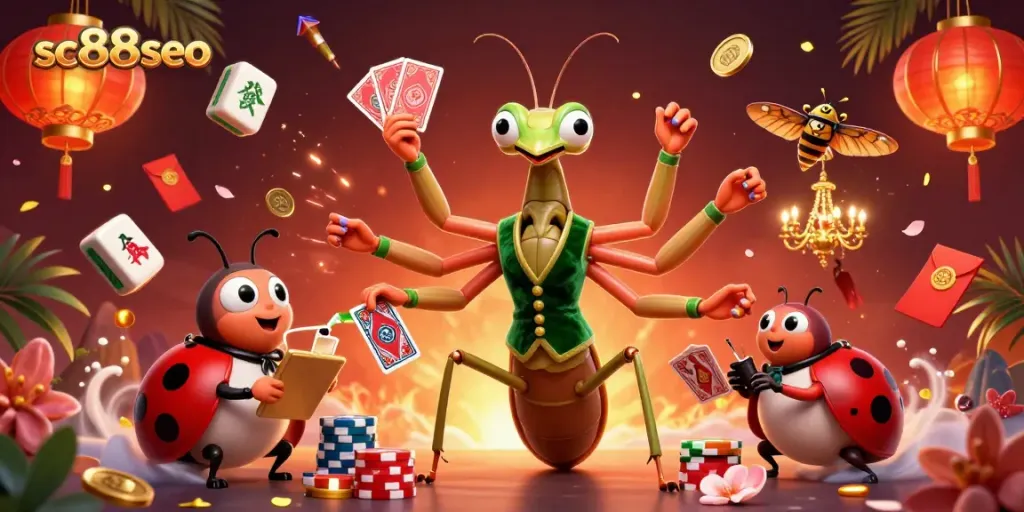Engage in thrilling casino action with SC88SEO's vibrant 3D illustration featuring a card sharp and pit boss.