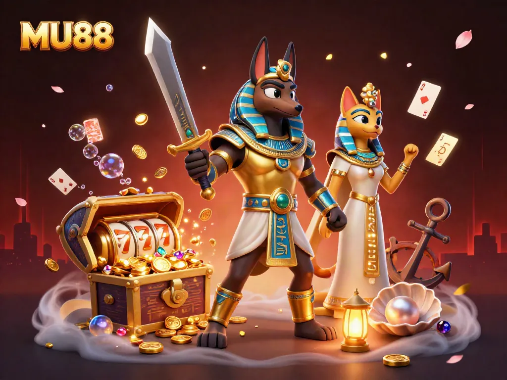 Engaging 3D illustration depicting MU88's vibrant casino opportunities, featuring Anubis and Bastet amidst slot machines.