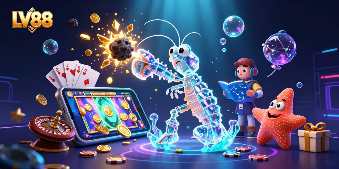 LV88 features a galactic samurai shrimp amidst golden winnings in a dynamic casino scene.